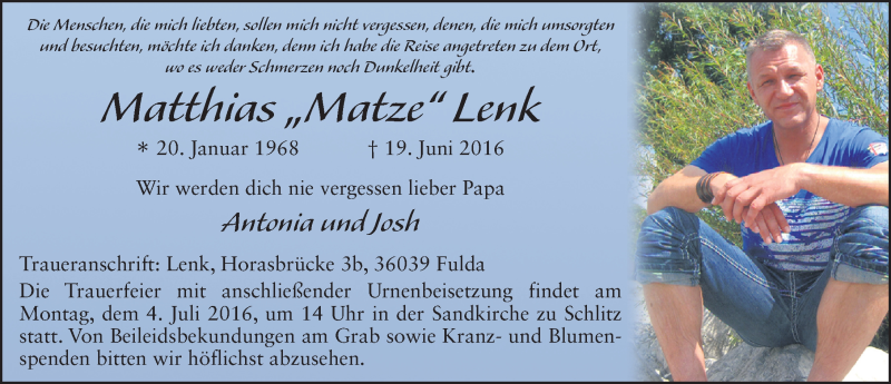  Traueranzeige für Matthias Lenk vom 28.06.2016 aus 