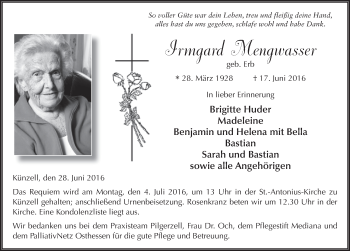Traueranzeige von Irmgard Mengwasser 