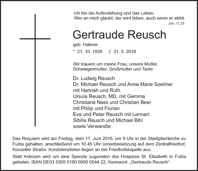  Traueranzeige für Gertraude Reusch vom 08.06.2016 aus 