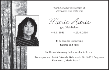 Traueranzeige von Maria Aarts 