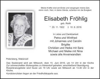 Traueranzeige von Elisabeth Fröhlig 