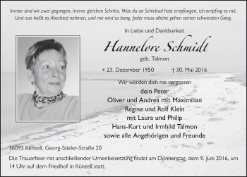 Traueranzeige von Hannelore Schmidt 