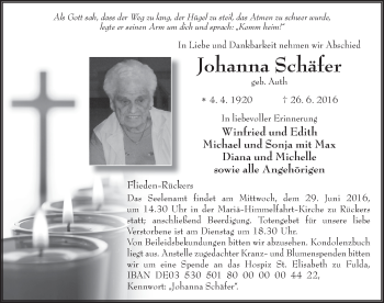 Traueranzeige von Johanna Schäfer 