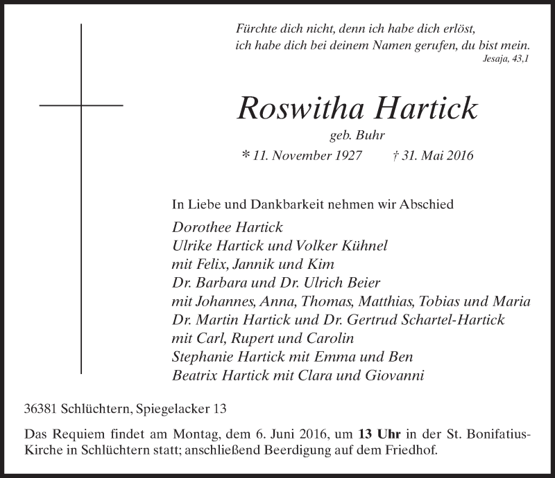  Traueranzeige für Roswitha Hartick vom 03.06.2016 aus 