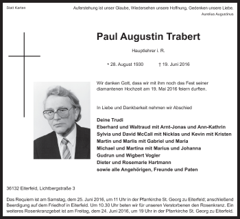 Traueranzeige von Paul Augustin Trabert 