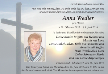 Traueranzeige von Anna Wedler 