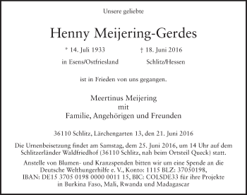 Traueranzeige von Henny Meijering-Gerdes 