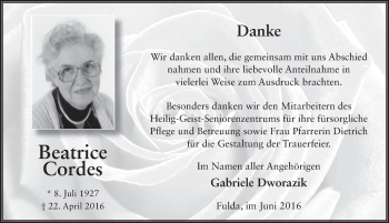 Traueranzeige von Beatrice Cordes 