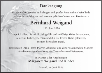 Traueranzeige von Bernhard Weigand 