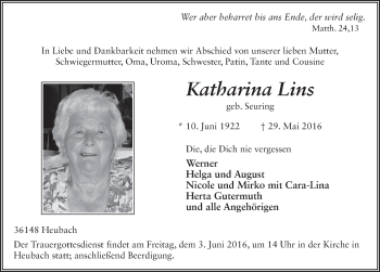 Traueranzeige von Katharina Lins 