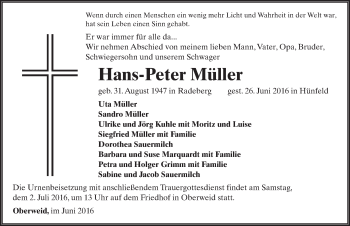 Traueranzeige von Hans-Peter Müller 