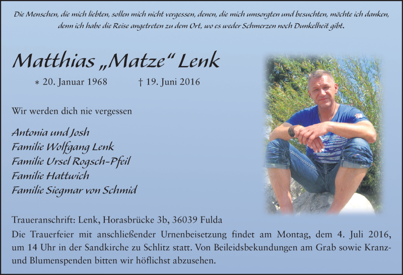  Traueranzeige für Matthias Lenk vom 25.06.2016 aus 