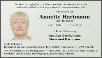 Traueranzeige von Annette Hartmann 