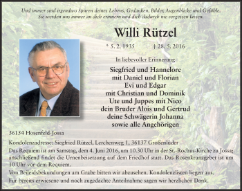 Traueranzeige von Willi Rützel 