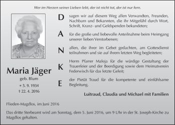 Traueranzeige von Maria Jäger 