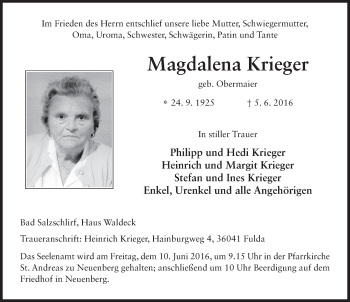 Traueranzeige von Magdalena Krieger 
