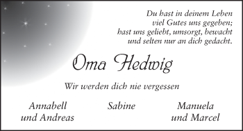 Traueranzeige von Hedwig Krimmel 