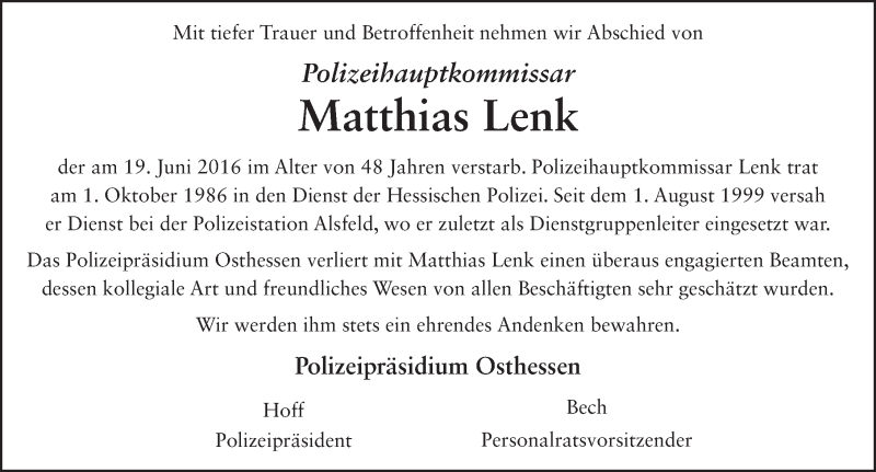  Traueranzeige für Matthias Lenk vom 29.06.2016 aus 