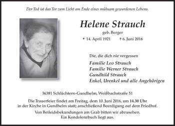 Traueranzeige von Helene Strauch 