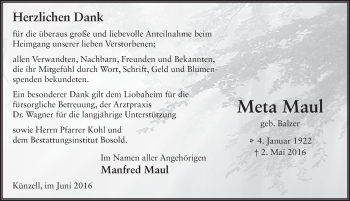 Traueranzeige von Meta Maul 