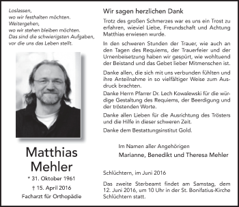 Traueranzeige von Matthias Mehler 