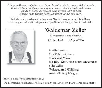 Traueranzeige von Waldemar Zeller 