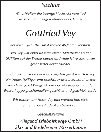 Traueranzeige von Gottfried Vey 