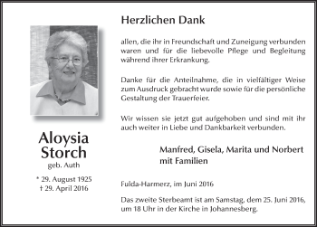Traueranzeige von Aloysia Storch 