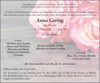 Traueranzeige von Anna Gerbig 