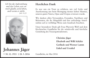 Traueranzeige von Johannes Jäger 