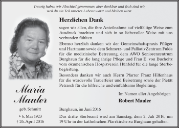 Traueranzeige von Maria Mauler 