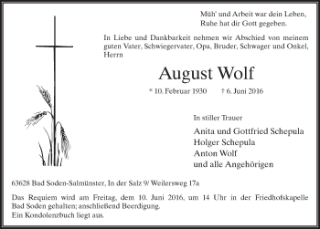 Traueranzeige von August Wolf 