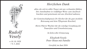 Traueranzeige von Rudolf Vesely 