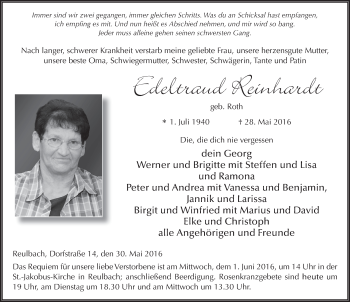 Traueranzeige von Edeltraud Reinhardt 