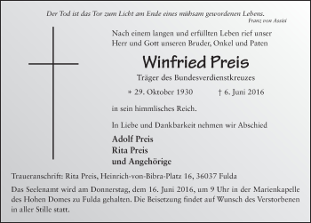 Traueranzeige von Winfried Preis 