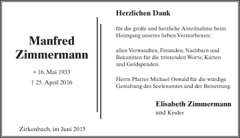 Traueranzeige von Manfred Zimmermann 