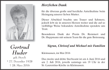Traueranzeige von Gertrud Huder 