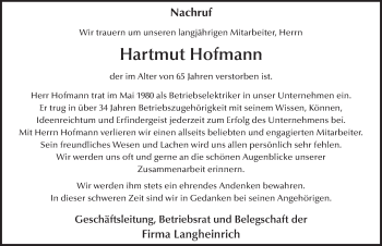 Traueranzeige von Hartmut Hofmann 
