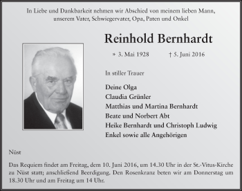 Traueranzeige von Reinhold Bernhardt 