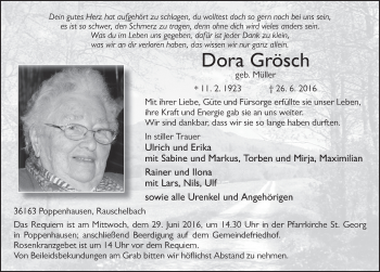 Traueranzeige von Dora Grösch 