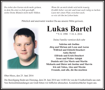 Traueranzeige von Lukas Bartel 