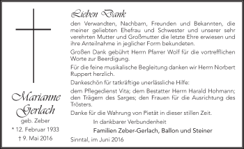Traueranzeige von Marianne Gerlach 