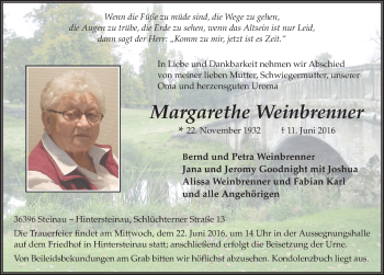 Traueranzeige von Margarethe Weinbrenner 