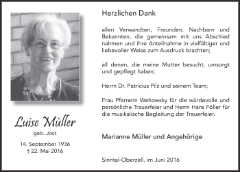 Traueranzeige von Luise Müller 