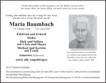 Traueranzeige von Maria Baumbach 