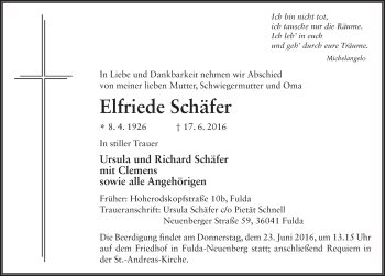 Traueranzeige von Elfriede Schäfer 