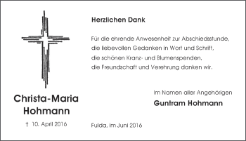 Traueranzeige von Christa-Maria Hohmann 