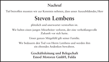 Traueranzeige von Steven Lembens 