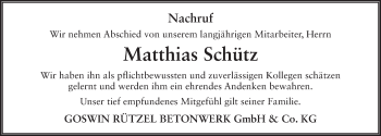 Traueranzeige von Matthias Schütz 