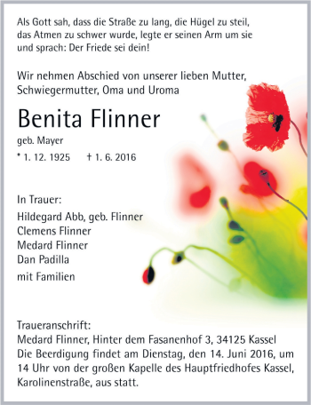 Traueranzeige von Benita Flinner 